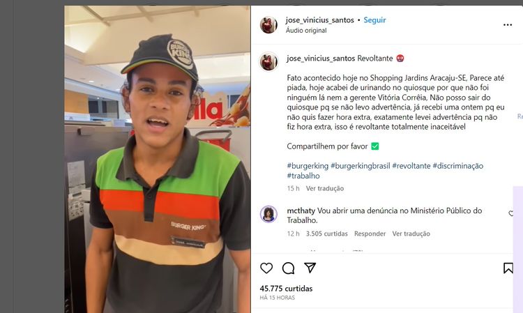 Em Aracaju, funcionário de fast food grava vídeo e denuncia que é impedido de ir ao banheiro