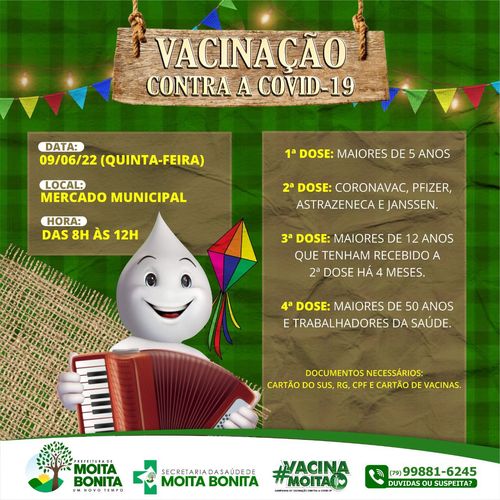 Em clima junino, mutirão de vacinação contra o coronavírus será realizado em Moita Bonita nesta quinta, 09
