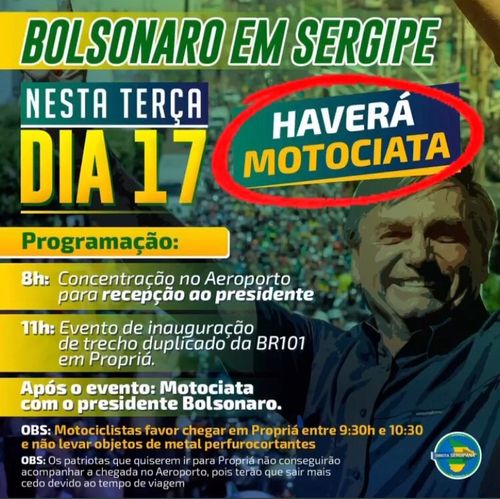 Em Sergipe, Bolsonaro vai participar de motociata com apoiadores, após inauguração