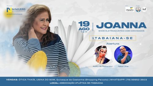 Dona de grandes sucessos, Joanna se apresentará em Itabaiana no próximo dia 19. Saiba onde adquirir seu ingresso