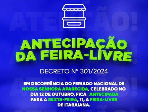 Atenção: Feira livre de Itabaiana será antecipada para esta sexta-feira, 11