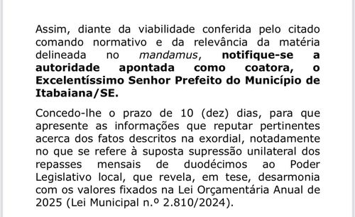 Justiça solicita esclarecimentos ao prefeito de Itabaiana sobre repasses à Câmara de Vereadores