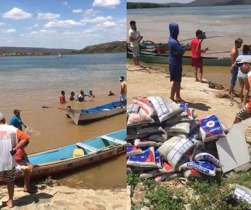 Caminhão com carga de material de construção cai no Rio São Francisco e pescadores resgatam motorista