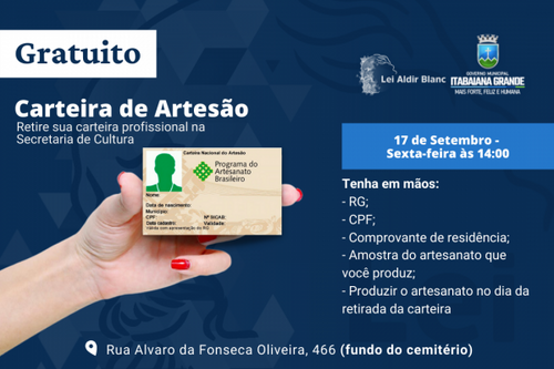 Artesãos itabaianenses poderão receber a Carteira Nacional do Artesanato Brasileiro. Saiba como