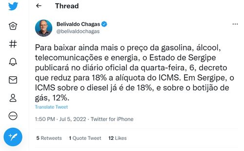 Belivaldo anuncia que vai cumprir lei do ICMS e que gasolina deve ficar R$ 0,98 mais barata em Sergipe