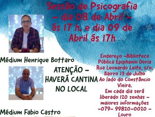Médiuns Henrique Bottaro e Fabio Castro realizarão sessões de psicografia em Aracaju neste fim de semana